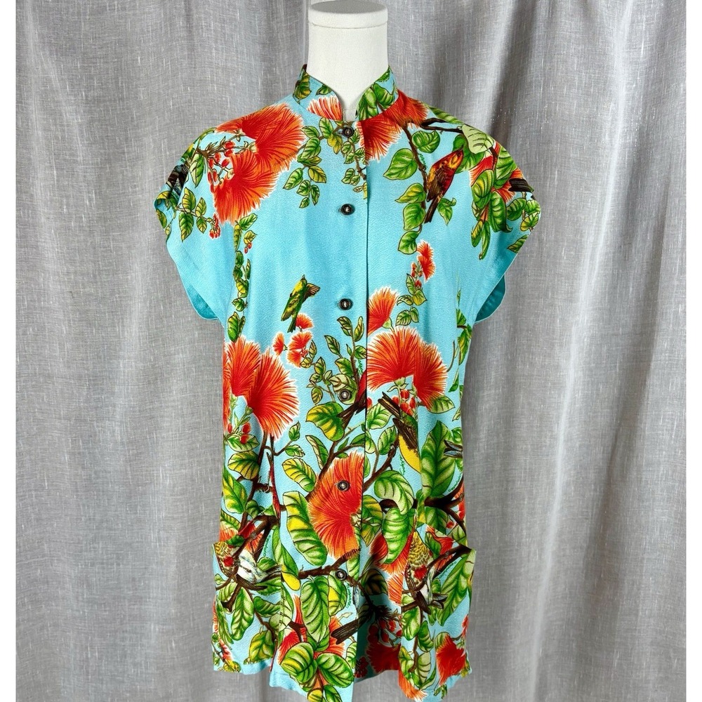 Vintage 60s Elsie Krassas Hawaiian Dress Shirt Barkcloth Tiki O Tea Timer Sz M L
